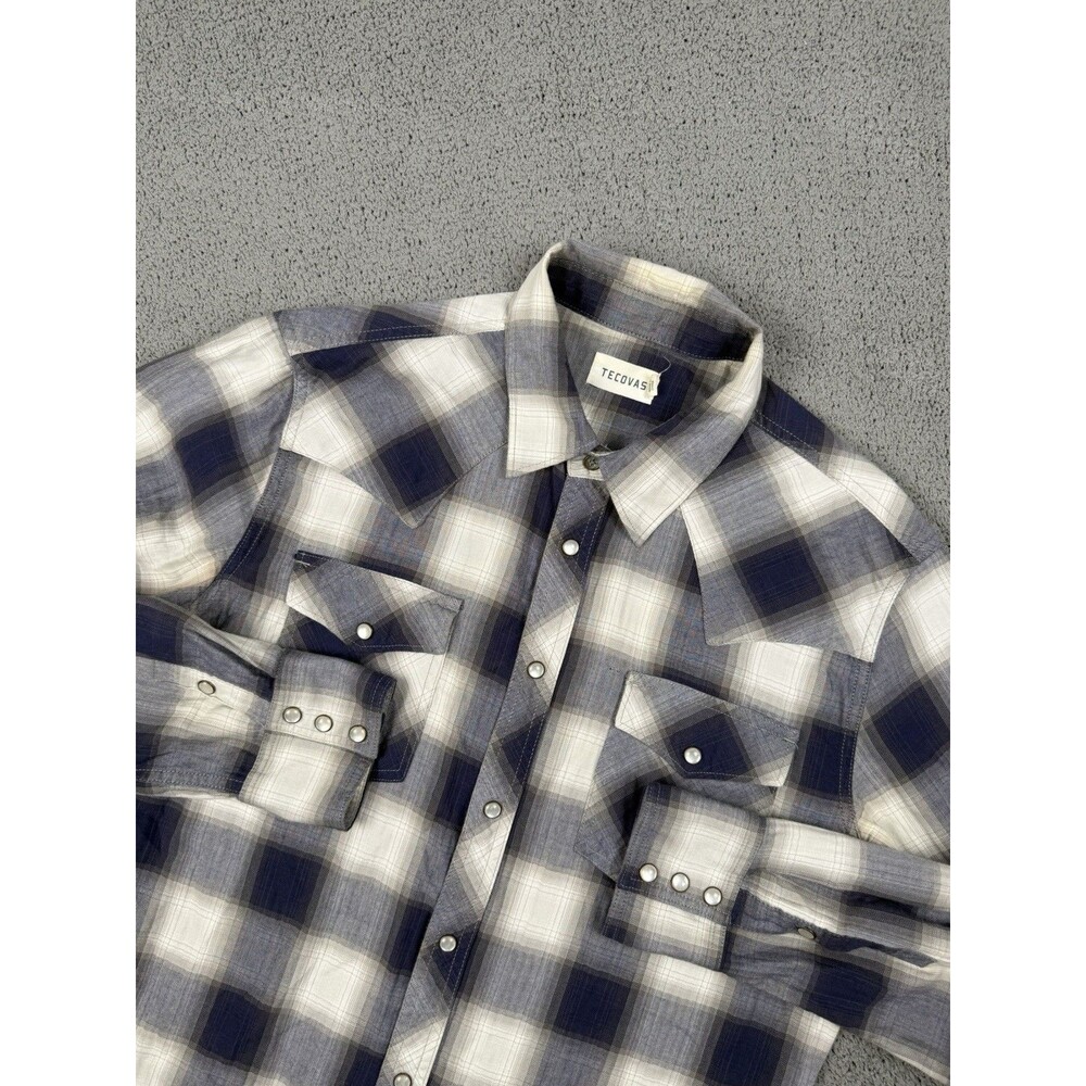 Tecovas Shirt Mens M Gray Blue Plaid Pearl Snap Western Long Sleeve Button Up